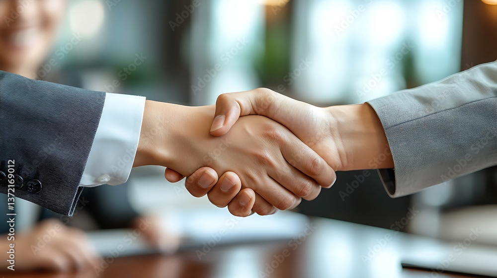 Close-up of a business handshake between an executive and a client in a professional office. Successful corporate deal, partnership agreement, and worker recognition concept. Close-up of a business handshake between an executive and a client in a professional office. Successful corporate deal, partnership agreement, and worker recognition concept.