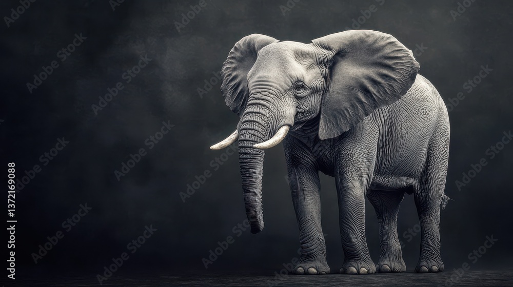 Fototapeta premium Elephant standing still against dark background. illustration