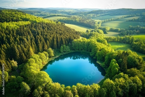 Aerial View of Lush Forest Canopy with Serene Blue Lake and Reflections, High Vantage Point Perspective