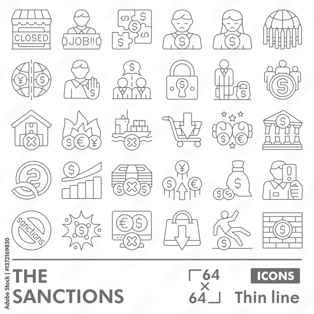 Sanctions symbols collection or sketches. world prohibition theme icons in thin line style signs for web and app. Vector graphics isolated on white background. Sanctions symbols collection or sketches. world prohibition theme icons in thin line style signs for web and app. Vector graphics isolated on white background.