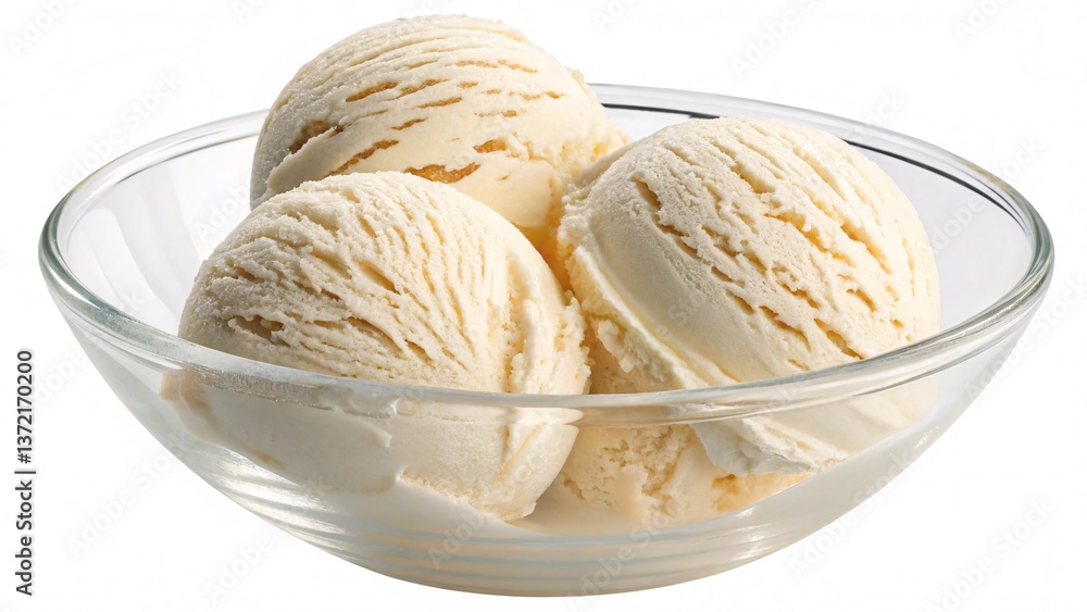 Vanilla Ice Cream Scoops in Glass Bowl on White Background Vanilla Ice Cream Scoops in Glass Bowl on White Background