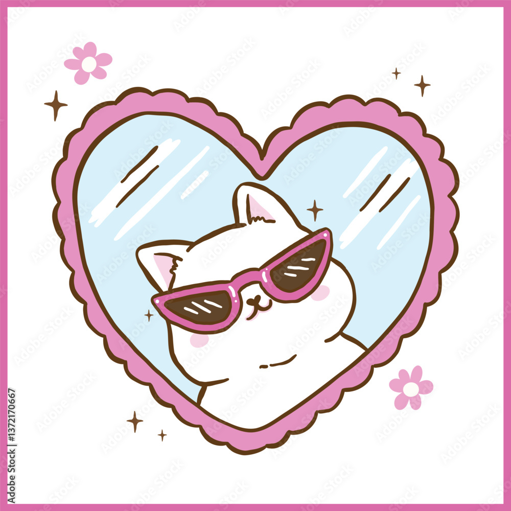 Obraz premium Cute Funny Retro Self Love Cat wear sassy glassses In Mirror Cartoon Doodle Hand Drawn