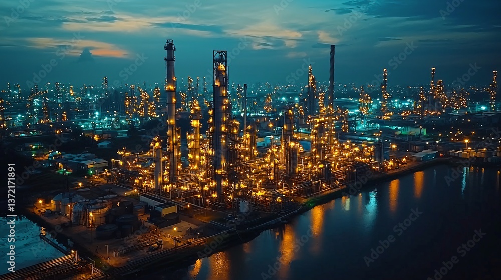 Naklejka premium logistics infrastructure driving growth. Industrial skyline illuminated at dusk over water.