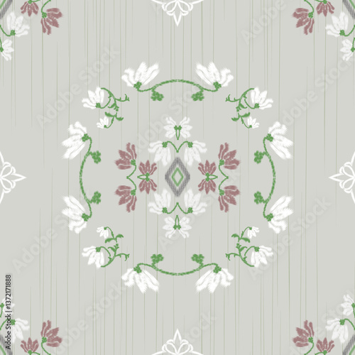 Ikat is a traditional seamless white and deep red floral shawl or sash on a light grey background.