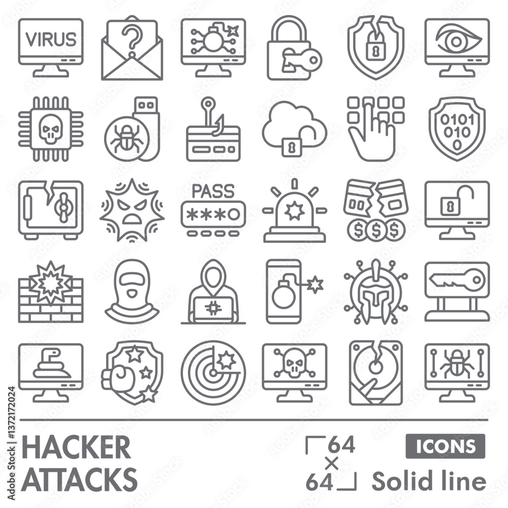 Hacker attacks symbols collection or sketches. cyber crime theme icons in line style signs for web and app. Vector graphics isolated on white background. Hacker attacks symbols collection or sketches. cyber crime theme icons in line style signs for web and app. Vector graphics isolated on white background.