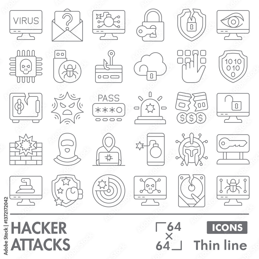 Hacker attacks symbols collection or sketches. cyber crime theme icons in thin line style signs for web and app. Vector graphics isolated on white background. Hacker attacks symbols collection or sketches. cyber crime theme icons in thin line style signs for web and app. Vector graphics isolated on white background.
