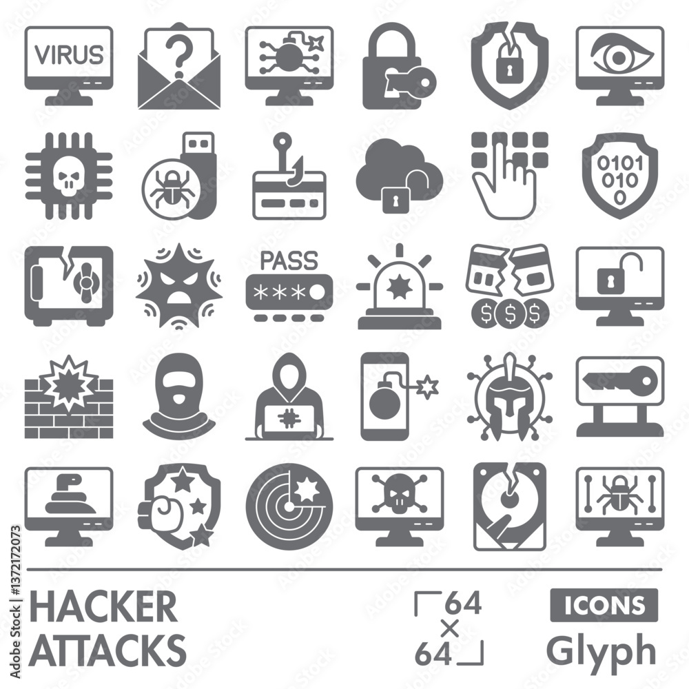 Hacker attacks symbols collection or sketches. cyber crime theme icons in glyph style signs for web and app. Vector graphics isolated on white background. Hacker attacks symbols collection or sketches. cyber crime theme icons in glyph style signs for web and app. Vector graphics isolated on white background.