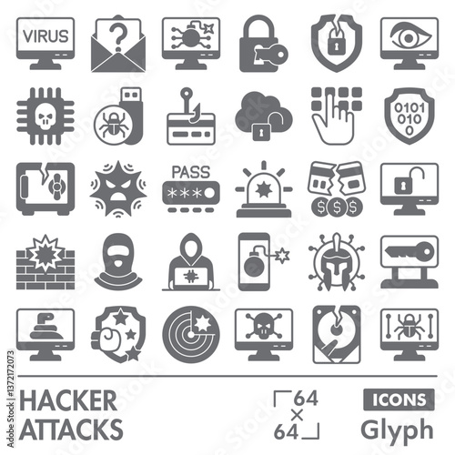 Hacker attacks symbols collection or sketches. cyber crime theme icons in glyph style signs for web and app. Vector graphics isolated on white background.