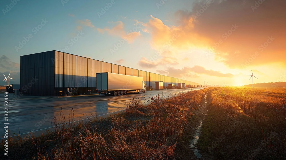 Obraz premium logistics infrastructure driving growth. Cargo containers at sunset with wind turbines in the background.