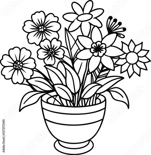 A colorful floral bouquet of pink and yellow flowers in a pot brings spring nature's beauty