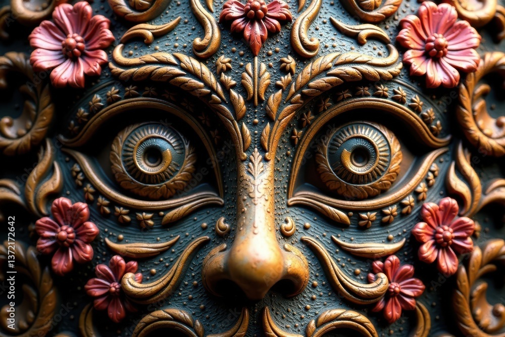 Intricate floral pattern carved into a wooden face, ornamental, texture Intricate floral pattern carved into a wooden face, ornamental, texture