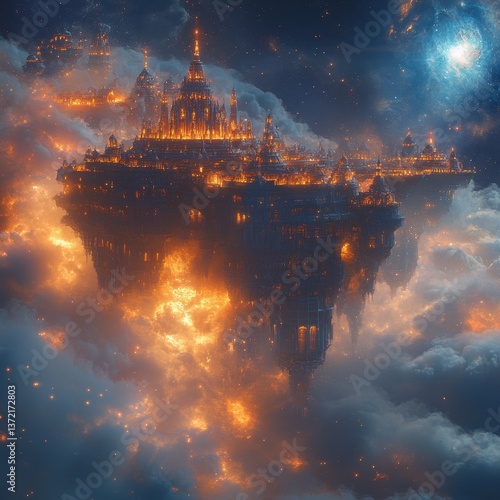 Ethereal Floating Cityscape Surrounded by Cosmic Nebula and Stars