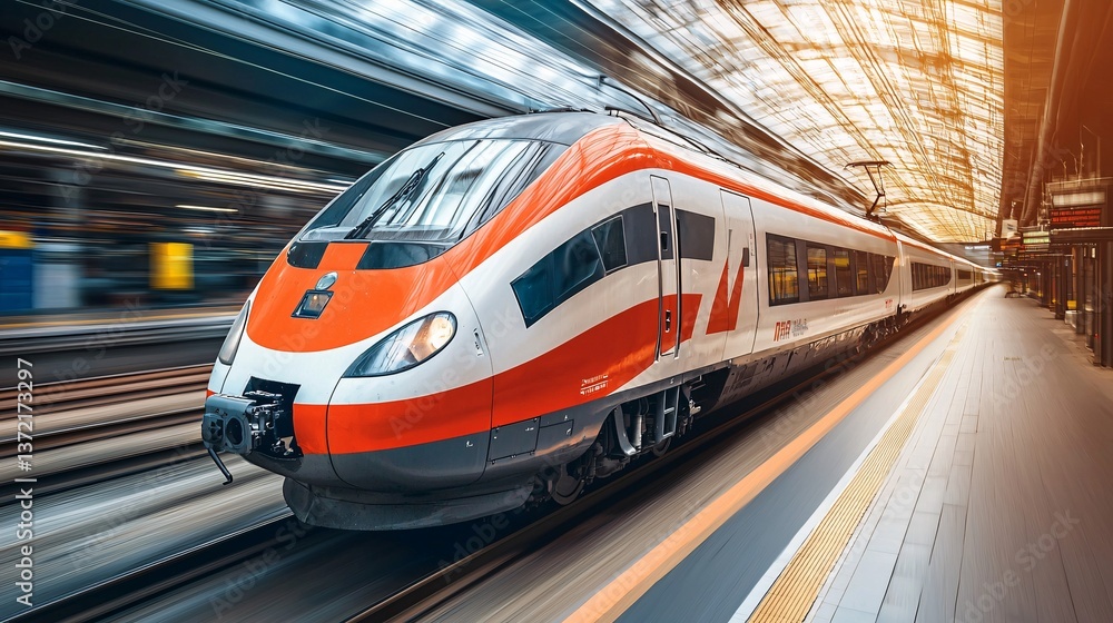 Fototapeta premium logistics infrastructure driving growth. Fast train in motion at a modern railway station.