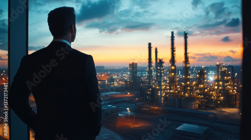 Business executive overlooking industrial landscape at sunset urban environment corporate perspective for strategic decisions