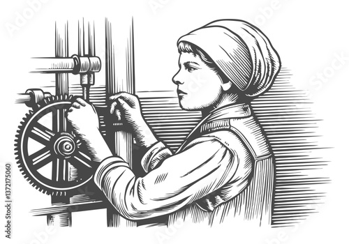 Vintage engraving of a female factory worker operating industrial machinery in a 1920s manufacturing setting

