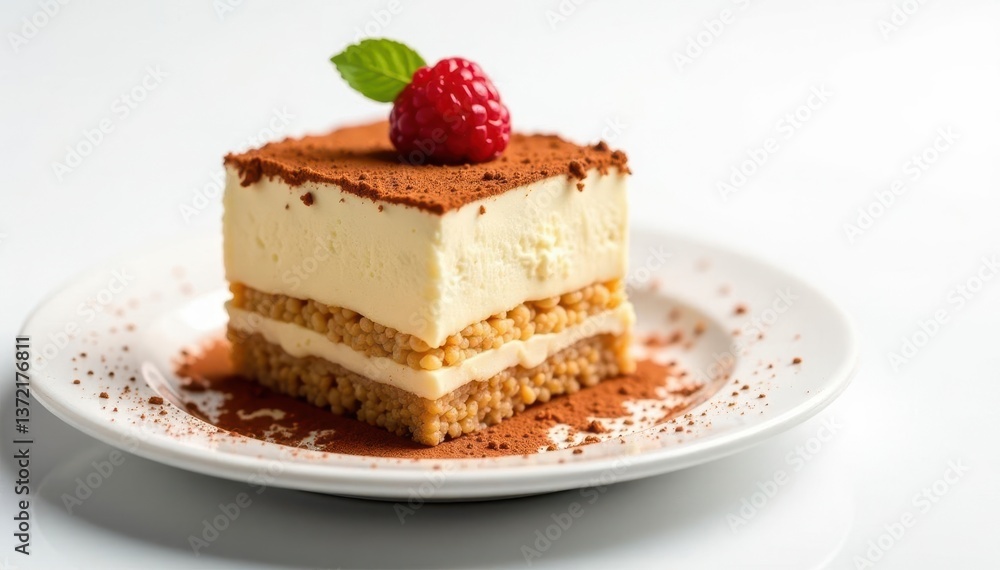 Individual portion of tiramisu, dusted with cocoa powder, on white background , cocoa powder, close-up, cooking Individual portion of tiramisu, dusted with cocoa powder, on white background , cocoa powder, close-up, cooking