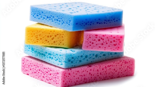 A pile of colorful dish sponges stacked neatly, isolated on a seamless white background,
