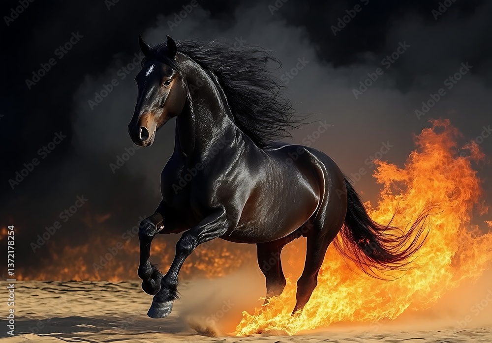 Black burning horse running with flames, powerful and dramatic scene Black burning horse running with flames, powerful and dramatic scene