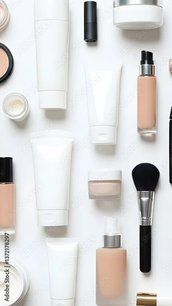 Vertical Video Beauty Flat Lay Product Makeup Anti-Aging White Isolated Background Vertical Video Beauty Flat Lay Product Makeup Anti-Aging White Isolated Background