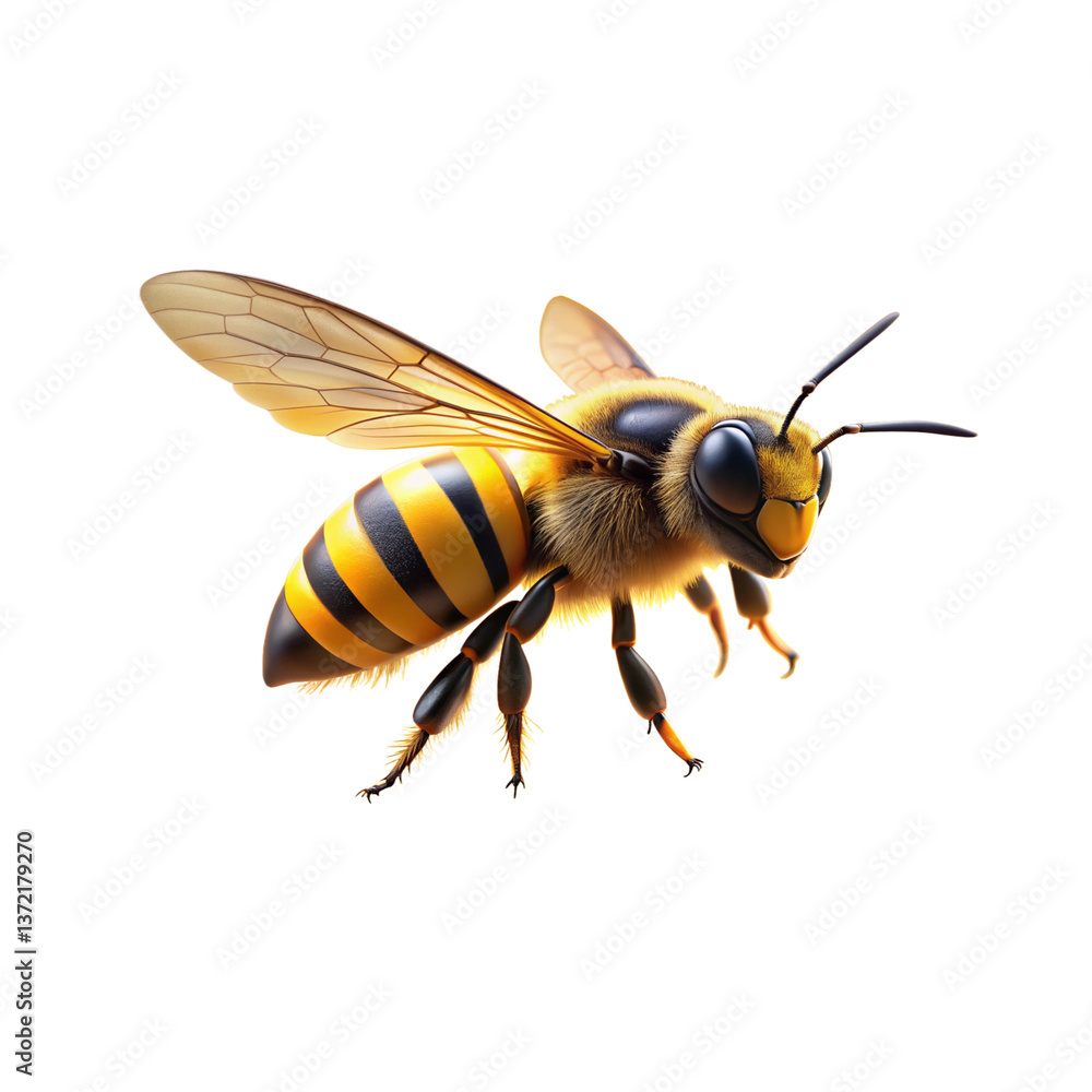 Close-up of a bee isolated on a white background with yellow and black wings, showcasing its details like pollen and wings, representing nature, insects, and summer Close-up of a bee isolated on a white background with yellow and black wings, showcasing its details like pollen and wings, representing nature, insects, and summer