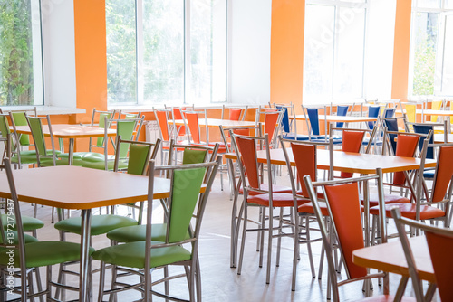 Cafeteria or canteen interior. School cafeteria