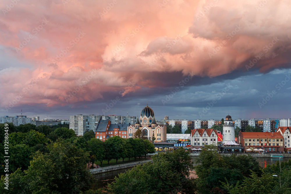 The Fishing Village and Synagogue in Kaliningrad during the picturesque sunset
