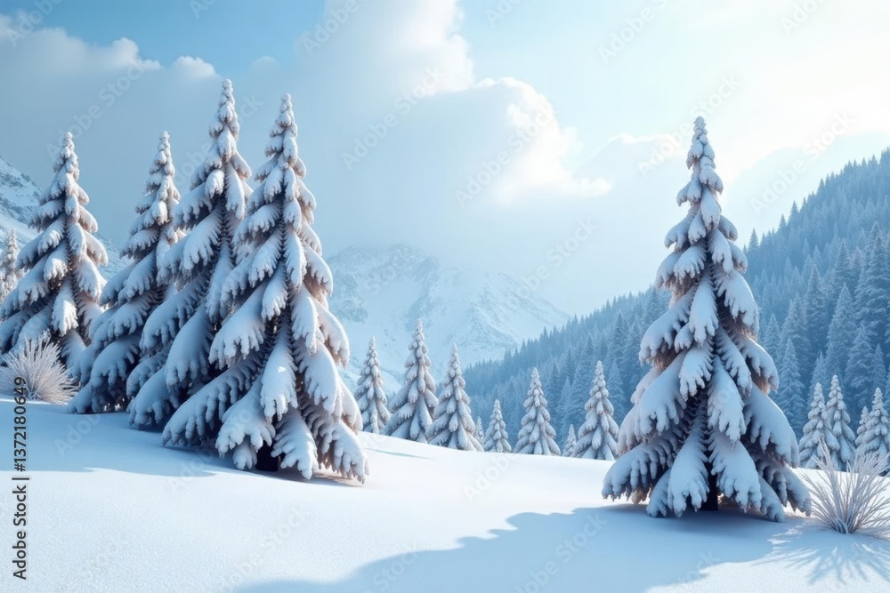 Fototapeta premium Isolated white cypress branches in a frozen landscape, snow, evergreen, winter