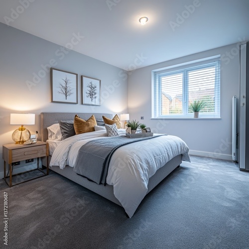 Obraz na płótnie New grey carpet in a modern British bedroom. w salonie
