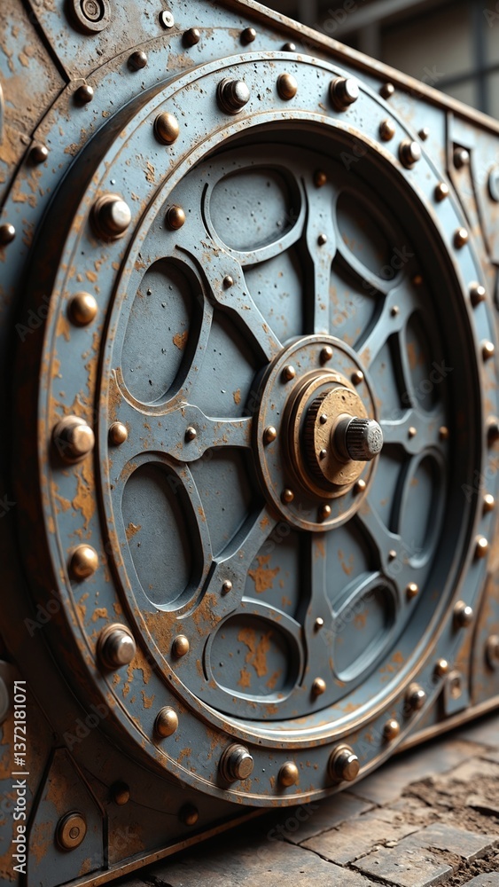 Fototapeta premium Detailed Close-Up of a Rustic Metal Vault Door with Intricate Design and Patina Finish in an Abandoned Industrial Space