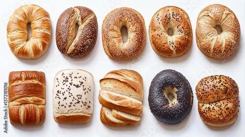 Illustration of tasty buns and bagels, freshly baked and deliciously detailed, isolated on white. Suits for icons, mockups, backgrounds, menus, social media, and creative design projects.