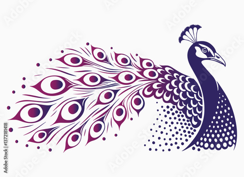 Elegant Peacock Vector Illustration – Decorative Stylized Bird with Detailed Feathers in Purple and Blue – Ornamental Art Design for Prints