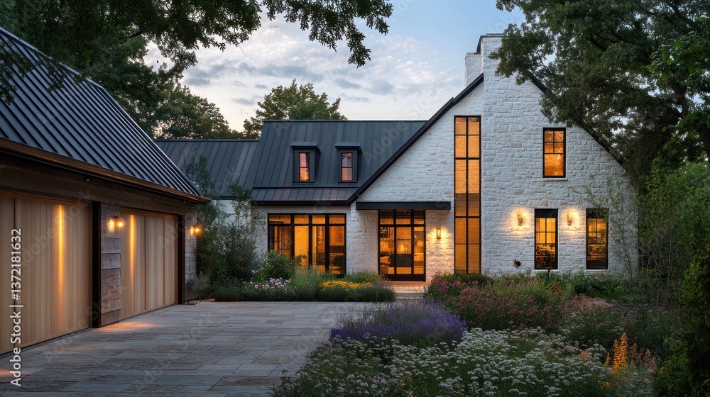 Modern Stone Home with Garage at Dusk Modern Stone Home with Garage at Dusk