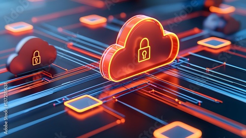 Secure cloud system with digital shields technology hub digital artwork cybersecurity environment futuristic viewpoint
