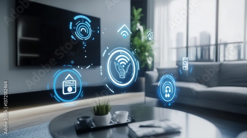 A futuristic AI powered virtual assistant, managing smart home appliances in a modern living room, eco-friendly home setting