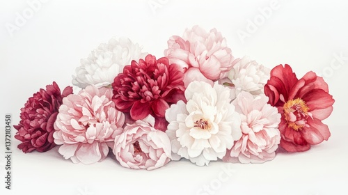 Wallpaper Mural watercolor bouquet of peonies, rose and carnatation, blush pink, red and neutral white, isolated on white background  Torontodigital.ca