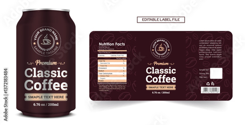 Cold Coffee Label Design, Classic Coffee can drink label packaging design with die line illustration layout, Minimalist Cold Brew Coffee label print ready editable template download