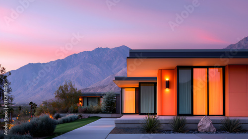 Modern Desert Home at Sunset with Mountain Views