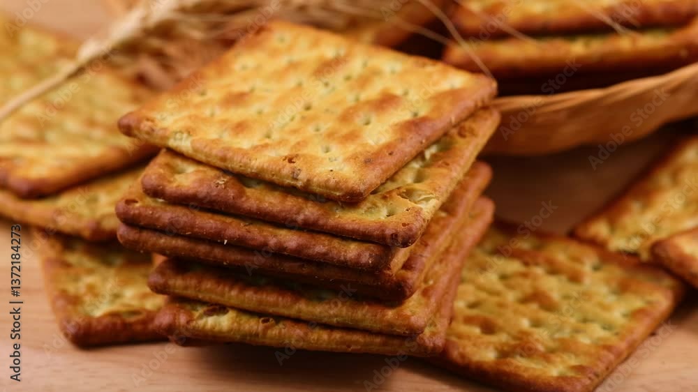 Close-up of crackers on wooden Close-up of crackers on wooden
