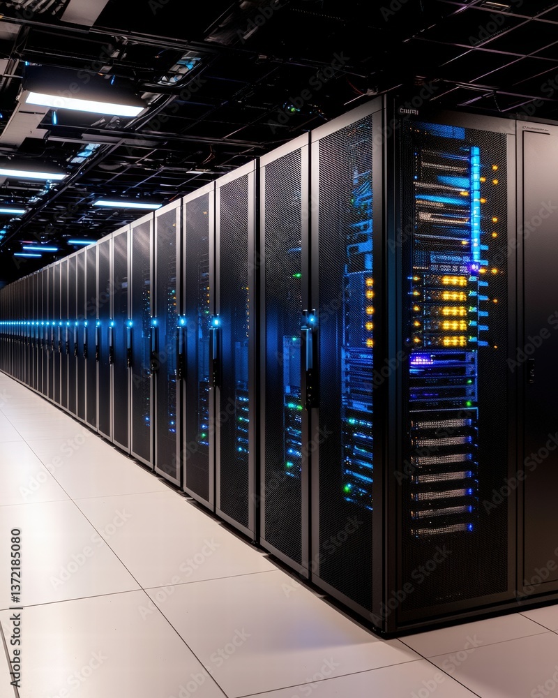 Modern server room filled with high-tech servers and complex networking equipment for data storage Modern server room filled with high-tech servers and complex networking equipment for data storage
