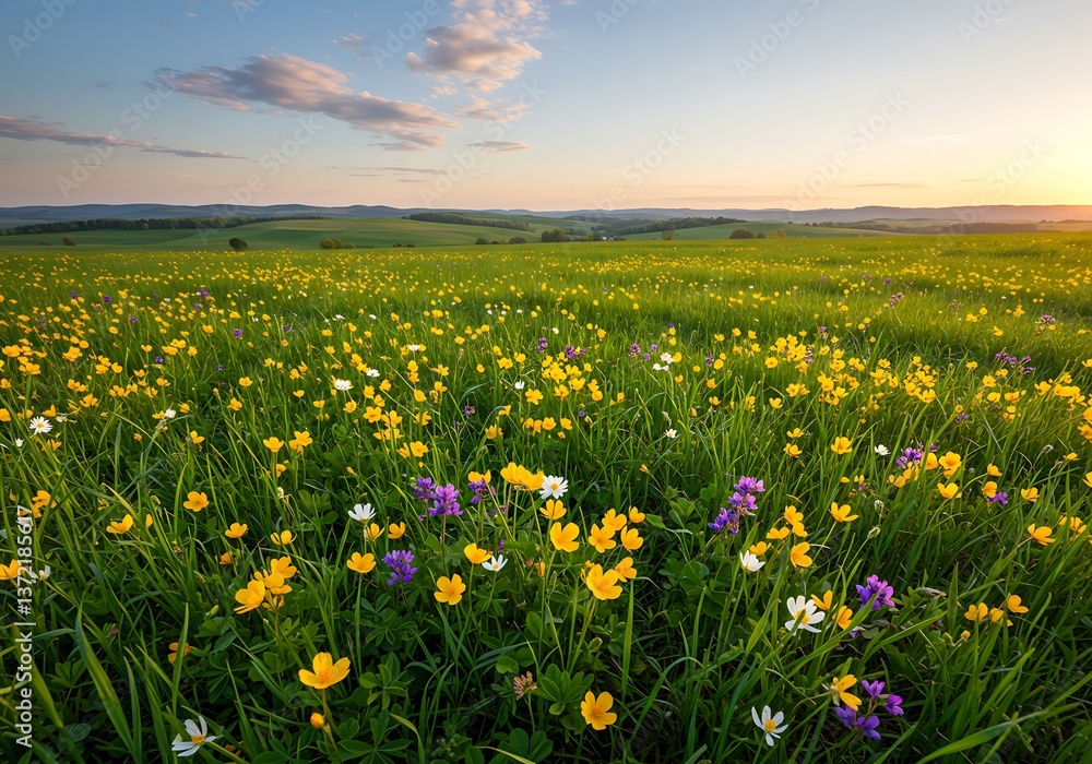 Fototapeta premium Blooming Meadow at Sunset with Wildflowers in Summer Field