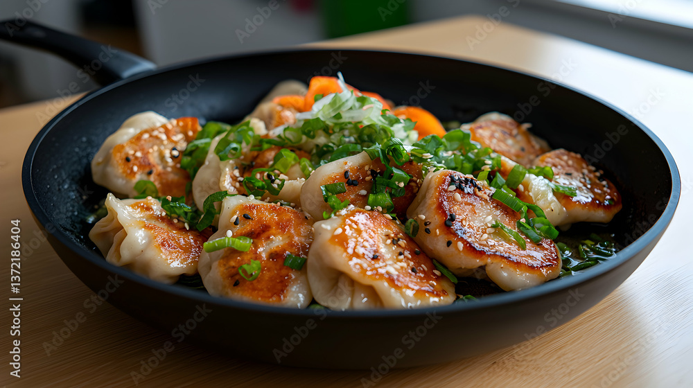 Pan-Fried Dumplings with Green Onions and Sesame Seeds in a Black Pan Pan-Fried Dumplings with Green Onions and Sesame Seeds in a Black Pan