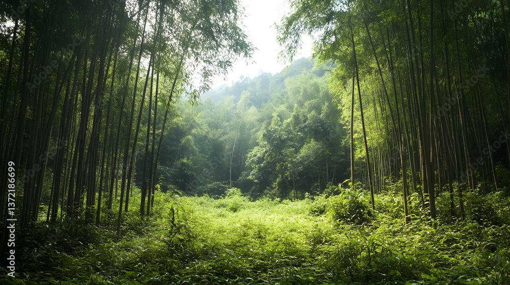 Obraz premium Serene Bamboo Forest Lush Greenery and Tranquil Sunlight