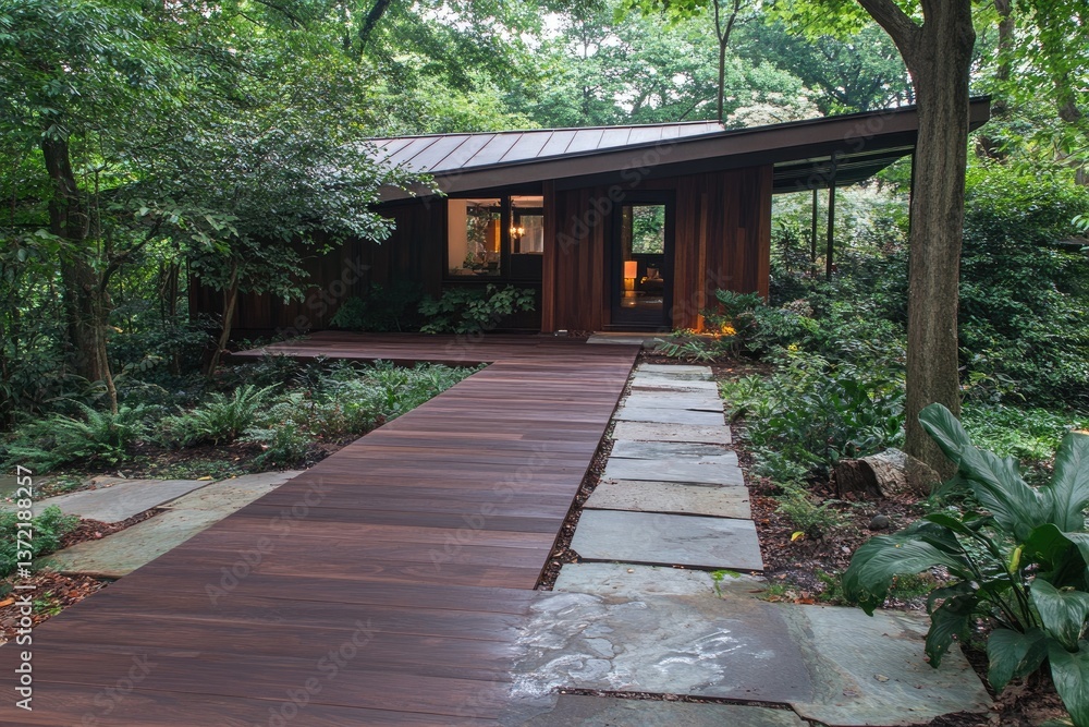 Modern wooden house with angled roof, stone pathway, and lush green forest setting Modern wooden house with angled roof, stone pathway, and lush green forest setting