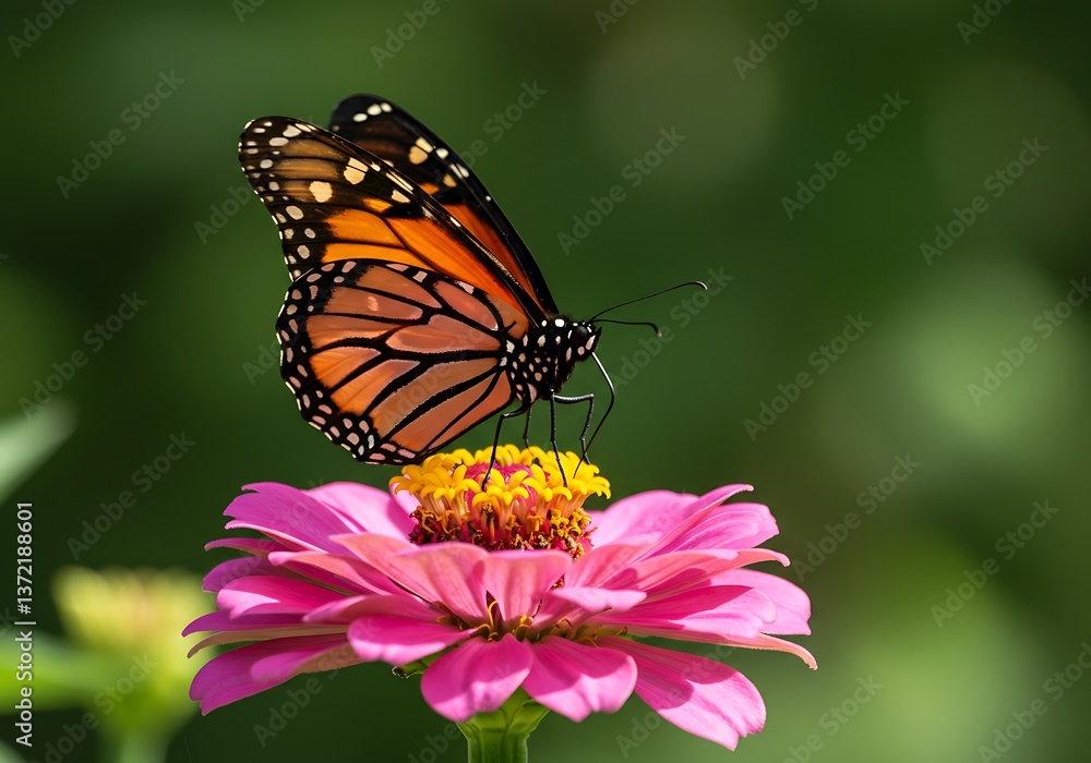 Monarch Butterfly Gathering Nectar From a Pink Zinnia Flower in Garden Monarch Butterfly Gathering Nectar From a Pink Zinnia Flower in Garden