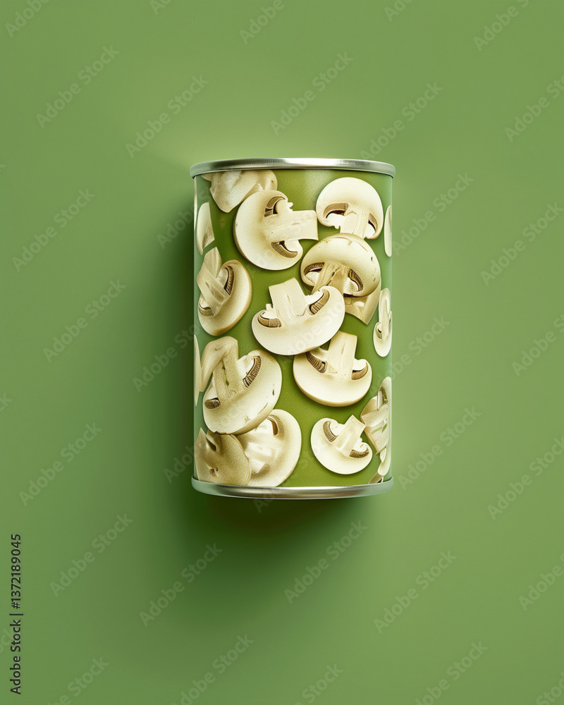 Obraz premium Metal can with pull-tab, featuring sliced mushrooms. No label text. Minimalist packaging on a vibrant green background