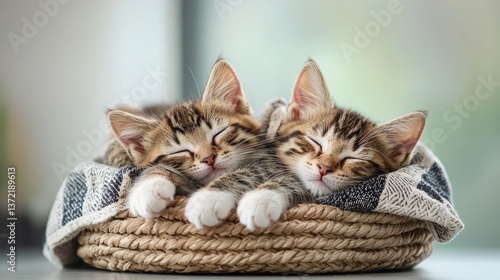 Two kittens sleeping in a basket