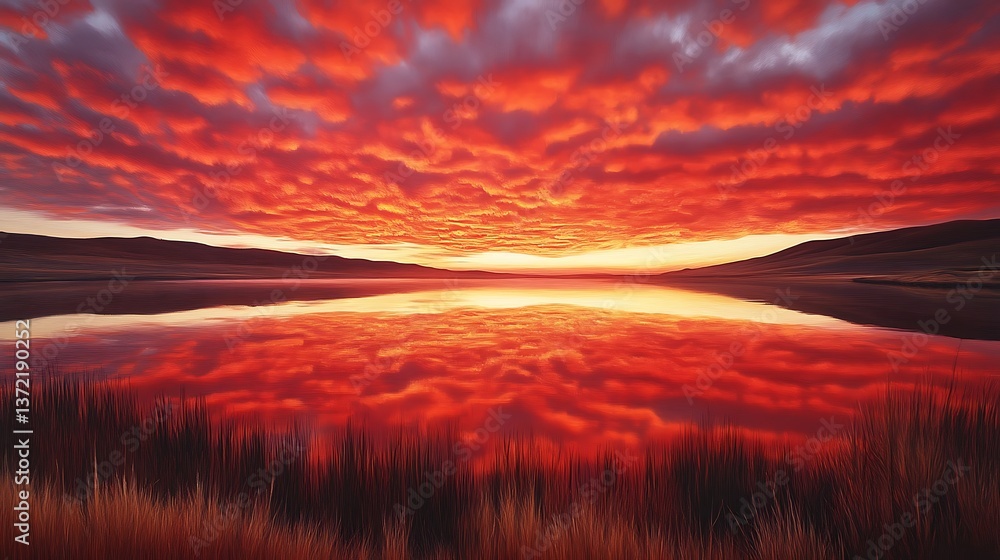 Fiery Sunset Sky Reflected in Calm Lake Water