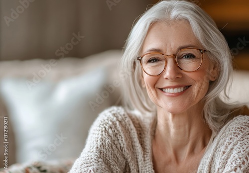 Cheerful elderly woman smiling warmly while sitting comfortably in a cozy living room with soft lighting