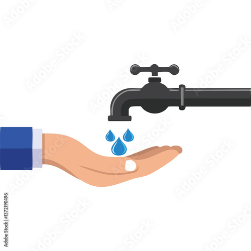 Illustration of a hand receiving water droplets from faucet. Hygiene concept
