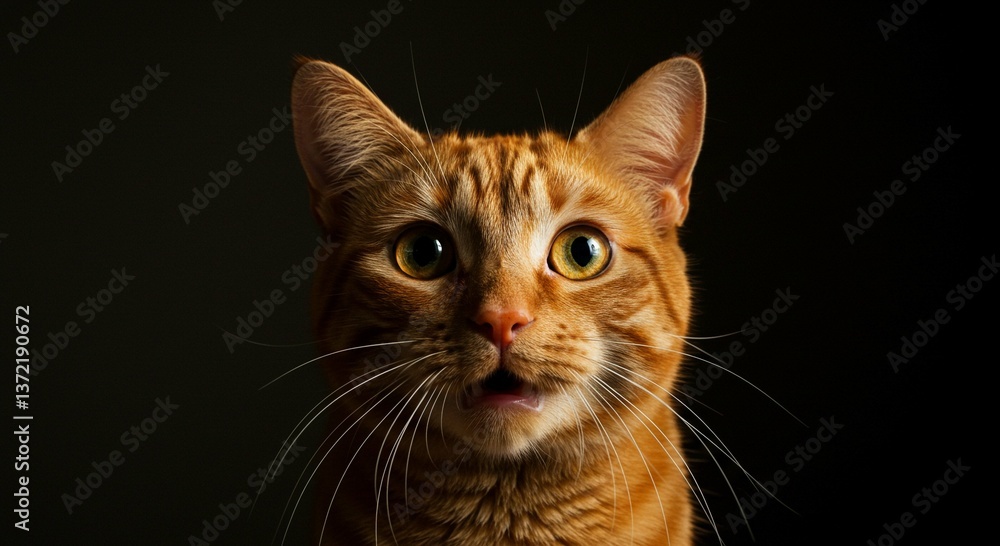 Ginger Cat Portrait Close Up Surprised Expression Pet Animal Domestic Cat Orange Fur Dark Background Ginger Cat Portrait Close Up Surprised Expression Pet Animal Domestic Cat Orange Fur Dark Background